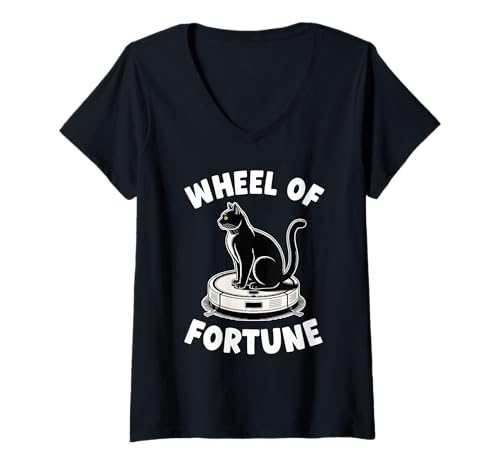Damen Wheel of Fortune Cat Joke Roboter Staubsauger Katze T-Shirt mit V-Ausschnitt von Funny Cat Lover Designs