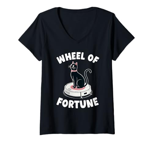Damen Wheel of Fortune Cat Joke Roboter Staubsauger Katze T-Shirt mit V-Ausschnitt von Funny Cat Lover Designs