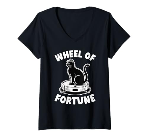 Damen Wheel of Fortune Cat Joke Roboter Staubsauger Katze T-Shirt mit V-Ausschnitt von Funny Cat Lover Designs