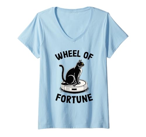 Damen Wheel of Fortune Cat Joke Roboter Staubsauger Katze T-Shirt mit V-Ausschnitt von Funny Cat Lover Designs