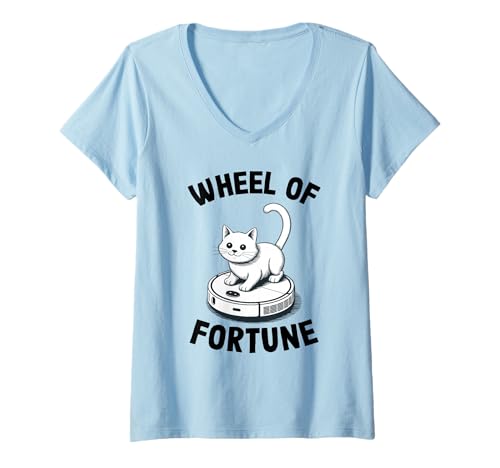 Damen Wheel of Fortune Cat Joke Roboter Staubsauger Katze T-Shirt mit V-Ausschnitt von Funny Cat Lover Designs