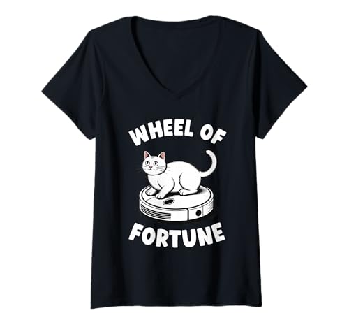 Damen Wheel of Fortune Cat Joke Roboter Staubsauger Katze T-Shirt mit V-Ausschnitt von Funny Cat Lover Designs