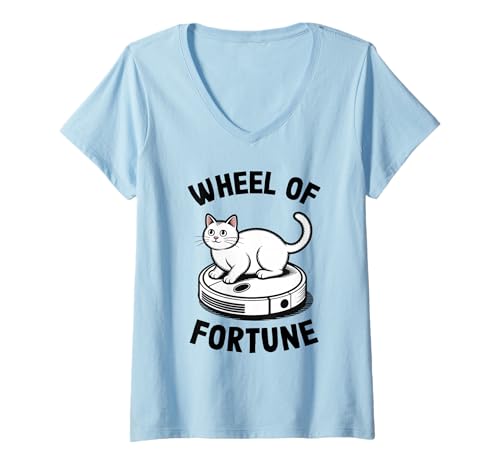 Damen Wheel of Fortune Cat Joke Roboter Staubsauger Katze T-Shirt mit V-Ausschnitt von Funny Cat Lover Designs