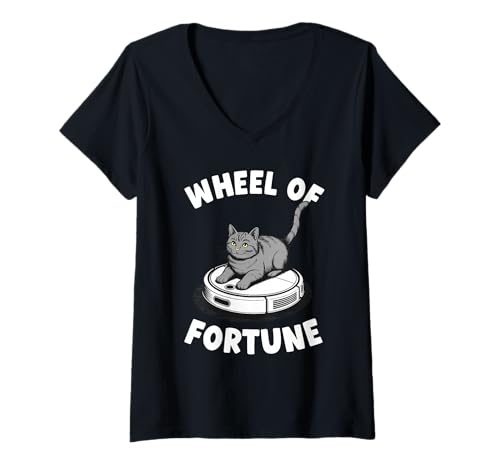 Damen Wheel of Fortune Cat Joke Roboter Staubsauger Katze T-Shirt mit V-Ausschnitt von Funny Cat Lover Designs