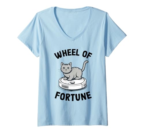 Damen Wheel of Fortune Cat Joke Roboter Staubsauger Katze T-Shirt mit V-Ausschnitt von Funny Cat Lover Designs