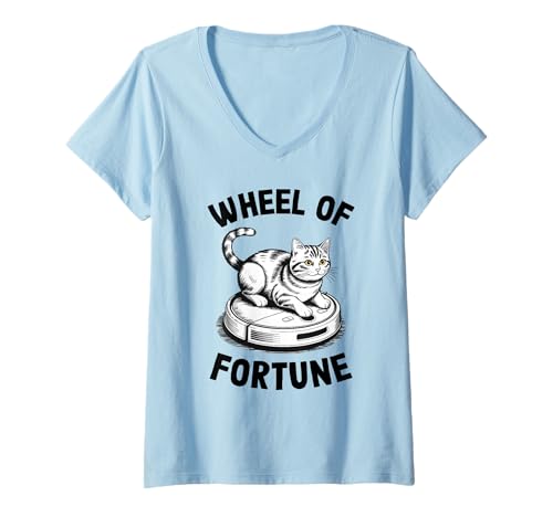 Damen Wheel of Fortune Cat Joke Roboter Staubsauger Katze T-Shirt mit V-Ausschnitt von Funny Cat Lover Designs