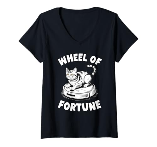 Damen Wheel of Fortune Cat Joke Roboter Staubsauger Katze T-Shirt mit V-Ausschnitt von Funny Cat Lover Designs