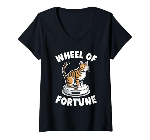 Damen Wheel of Fortune Cat Joke Roboter Staubsauger Katze T-Shirt mit V-Ausschnitt von Funny Cat Lover Designs