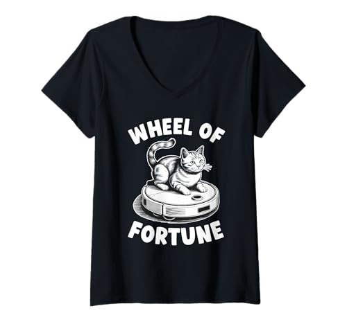 Damen Wheel of Fortune Cat Joke Roboter Staubsauger Katze T-Shirt mit V-Ausschnitt von Funny Cat Lover Designs