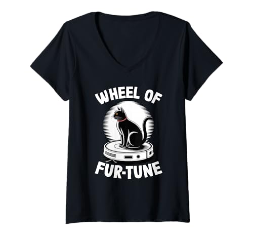 Damen Wheel of Fur-Tune Cat Joke Roboter Staubsauger Katze T-Shirt mit V-Ausschnitt von Funny Cat Lover Designs