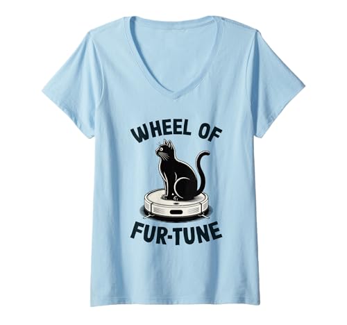 Damen Wheel of Fur-Tune Cat Joke Roboter Staubsauger Katze T-Shirt mit V-Ausschnitt von Funny Cat Lover Designs