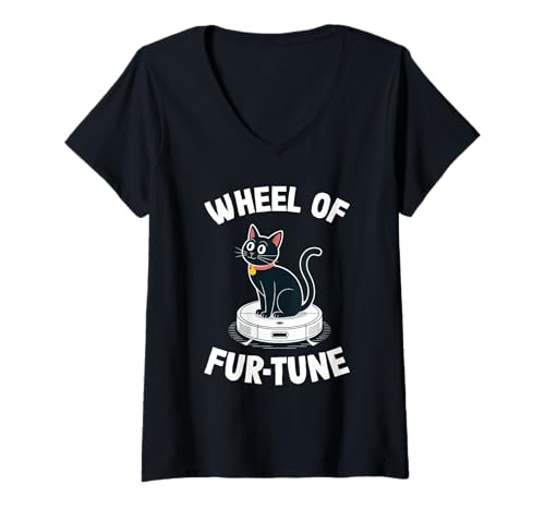 Damen Wheel of Fur-Tune Cat Joke Roboter Staubsauger Katze T-Shirt mit V-Ausschnitt von Funny Cat Lover Designs