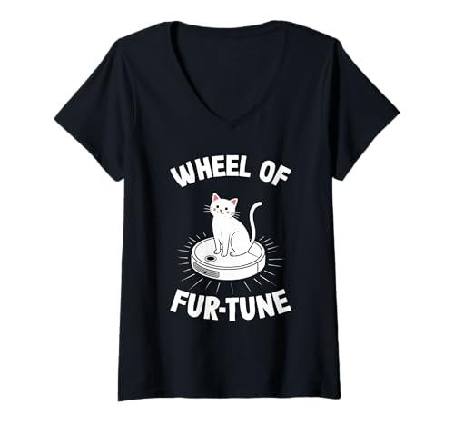 Damen Wheel of Fur-Tune Cat Joke Roboter Staubsauger Katze T-Shirt mit V-Ausschnitt von Funny Cat Lover Designs