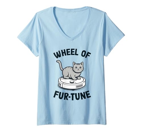 Damen Wheel of Fur-Tune Cat Joke Roboter Staubsauger Katze T-Shirt mit V-Ausschnitt von Funny Cat Lover Designs