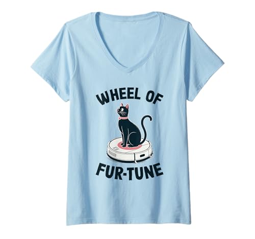 Damen Wheel of Fur-Tune Cat Joke Roboter Staubsauger Katze T-Shirt mit V-Ausschnitt von Funny Cat Lover Designs