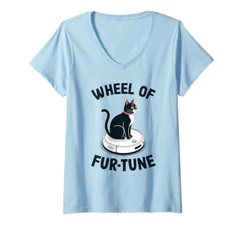 Damen Wheel of Fur-Tune Cat Joke Roboter Staubsauger Katze T-Shirt mit V-Ausschnitt von Funny Cat Lover Designs