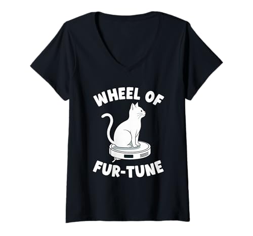 Damen Wheel of Fur-Tune Cat Joke Roboter Staubsauger Katze T-Shirt mit V-Ausschnitt von Funny Cat Lover Designs