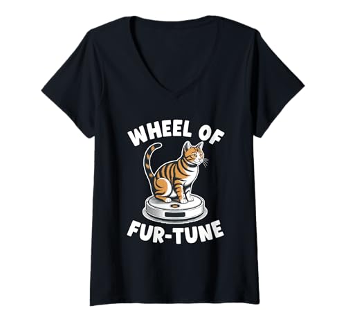 Damen Wheel of Fur-Tune Cat Joke Roboter Staubsauger Katze T-Shirt mit V-Ausschnitt von Funny Cat Lover Designs