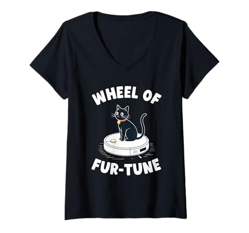 Damen Wheel of Fur-Tune Cat Joke Roboter Staubsauger Katze T-Shirt mit V-Ausschnitt von Funny Cat Lover Designs