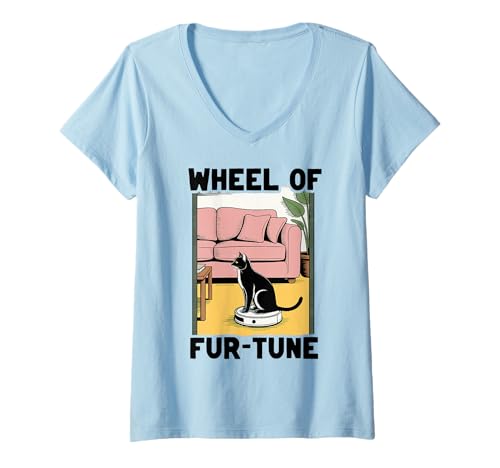 Damen Wheel of Fur-Tune Cat Joke Roboter Staubsauger Katze T-Shirt mit V-Ausschnitt von Funny Cat Lover Designs