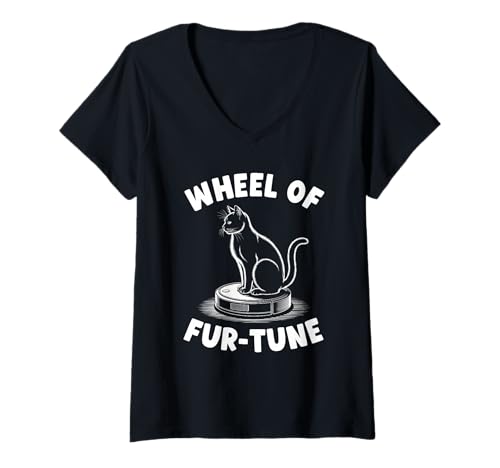 Damen Wheel of Fur-Tune Cat Joke Roboter Staubsauger Katze T-Shirt mit V-Ausschnitt von Funny Cat Lover Designs