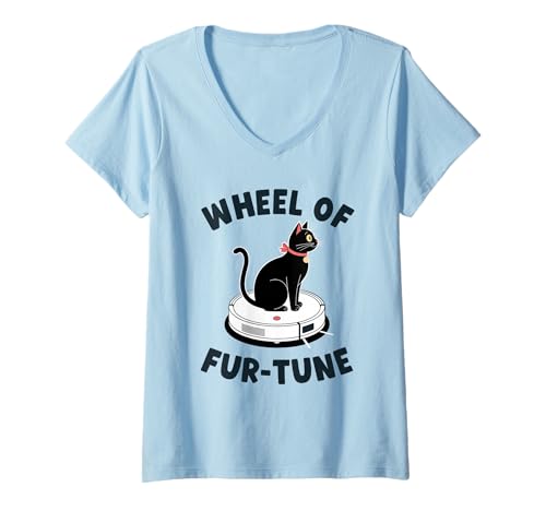 Damen Wheel of Fur-Tune Cat Joke Roboter Staubsauger Katze T-Shirt mit V-Ausschnitt von Funny Cat Lover Designs
