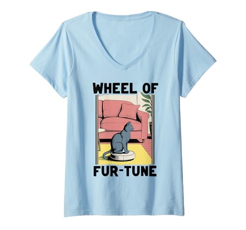 Damen Wheel of Fur-Tune Cat Joke Roboter Staubsauger Katze T-Shirt mit V-Ausschnitt von Funny Cat Lover Designs
