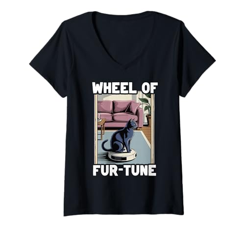 Damen Wheel of Fur-Tune Cat Joke Roboter Staubsauger Katze T-Shirt mit V-Ausschnitt von Funny Cat Lover Designs