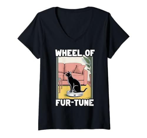 Damen Wheel of Fur-Tune Cat Joke Roboter Staubsauger Katze T-Shirt mit V-Ausschnitt von Funny Cat Lover Designs