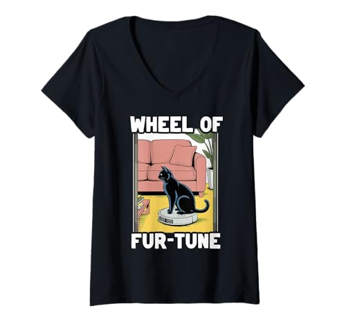 Damen Wheel of Fur-Tune Cat Joke Roboter Staubsauger Katze T-Shirt mit V-Ausschnitt von Funny Cat Lover Designs