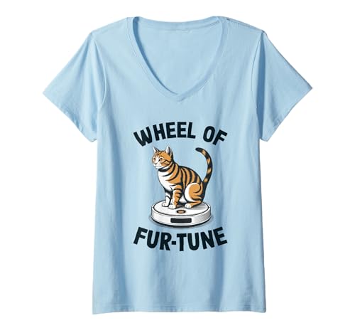 Damen Wheel of Fur-Tune Cat Joke Roboter Staubsauger Katze T-Shirt mit V-Ausschnitt von Funny Cat Lover Designs