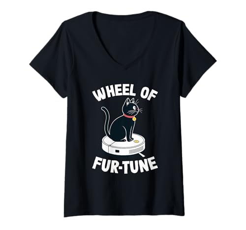 Damen Wheel of Fur-Tune Cat Joke Roboter Staubsauger Katze T-Shirt mit V-Ausschnitt von Funny Cat Lover Designs