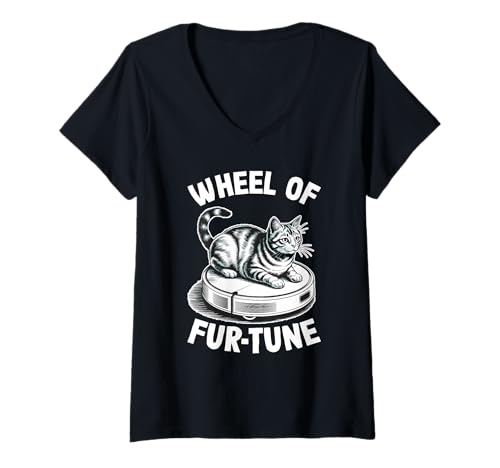 Damen Wheel of Fur-Tune Cat Joke Roboter Staubsauger Katze T-Shirt mit V-Ausschnitt von Funny Cat Lover Designs