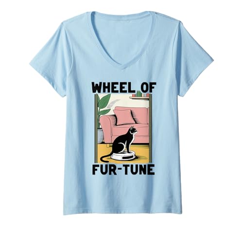 Damen Wheel of Fur-Tune Cat Joke Roboter Staubsauger Katze T-Shirt mit V-Ausschnitt von Funny Cat Lover Designs