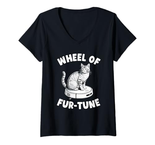 Damen Wheel of Fur-Tune Cat Joke Roboter Staubsauger Katze T-Shirt mit V-Ausschnitt von Funny Cat Lover Designs