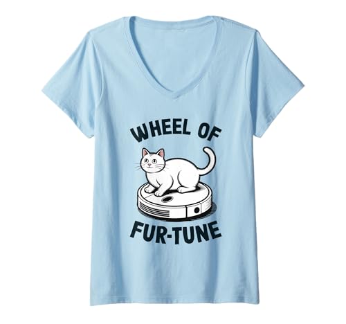 Damen Wheel of Fur-Tune Cat Joke Roboter Staubsauger Katze T-Shirt mit V-Ausschnitt von Funny Cat Lover Designs