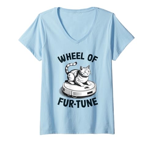 Damen Wheel of Fur-Tune Cat Joke Roboter Staubsauger Katze T-Shirt mit V-Ausschnitt von Funny Cat Lover Designs