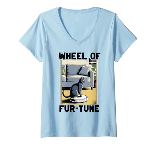 Damen Wheel of Fur-Tune Cat Joke Roboter Staubsauger Katze T-Shirt mit V-Ausschnitt von Funny Cat Lover Designs