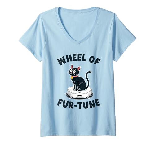 Damen Wheel of Fur-Tune Cat Joke Roboter Staubsauger Katze T-Shirt mit V-Ausschnitt von Funny Cat Lover Designs