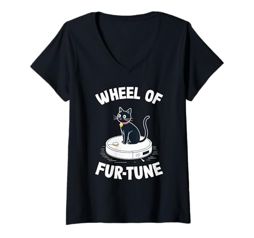 Damen Wheel of Fur-Tune Cat Joke Roboter Staubsauger Katze T-Shirt mit V-Ausschnitt von Funny Cat Lover Designs