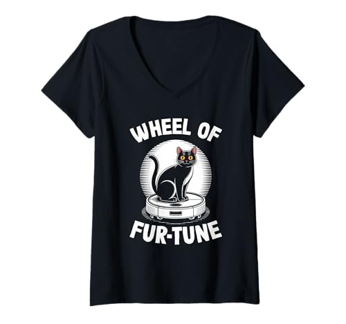 Damen Wheel of Fur-Tune Cat Joke Roboter Staubsauger Katze T-Shirt mit V-Ausschnitt von Funny Cat Lover Designs