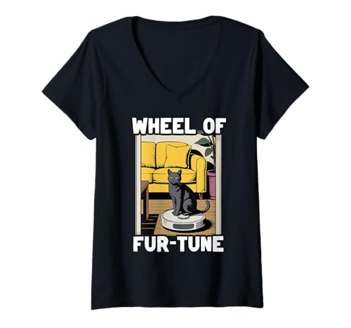 Damen Wheel of Fur-Tune Cat Joke Roboter Staubsauger Katze T-Shirt mit V-Ausschnitt von Funny Cat Lover Designs