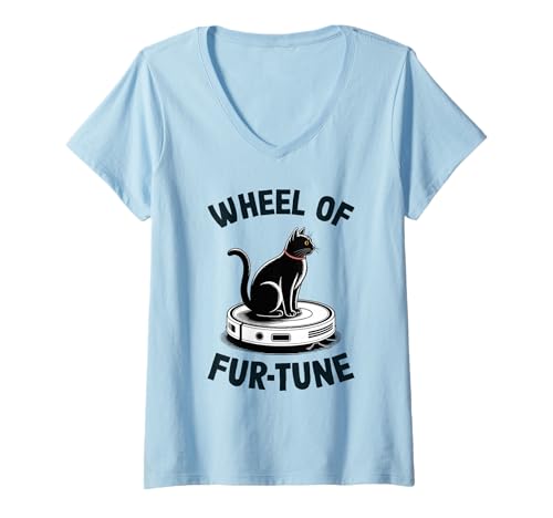 Damen Wheel of Fur-Tune Cat Joke Roboter Staubsauger Katze T-Shirt mit V-Ausschnitt von Funny Cat Lover Designs