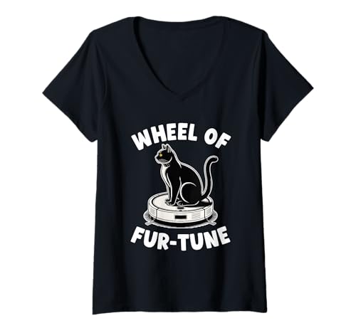 Damen Wheel of Fur-Tune Cat Joke Roboter Staubsauger Katze T-Shirt mit V-Ausschnitt von Funny Cat Lover Designs
