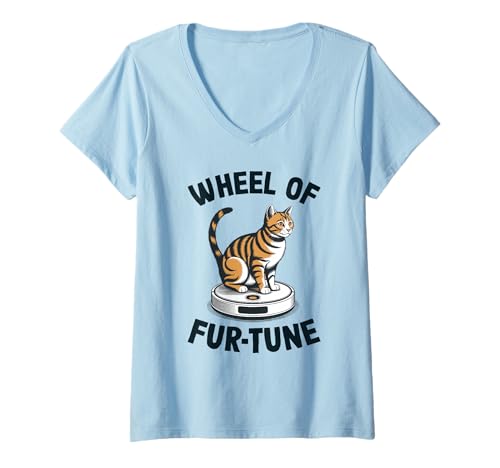 Damen Wheel of Fur-Tune Cat Joke Roboter Staubsauger Katze T-Shirt mit V-Ausschnitt von Funny Cat Lover Designs