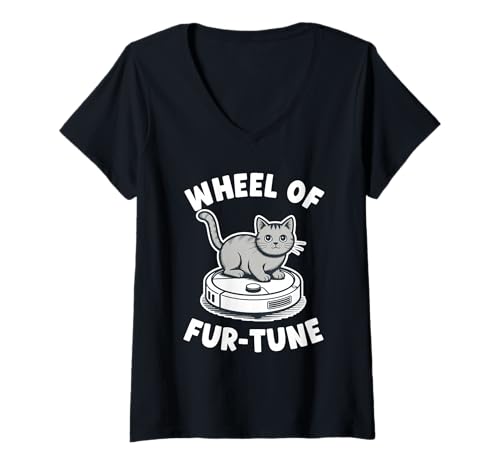 Damen Wheel of Fur-Tune Cat Joke Roboter Staubsauger Katze T-Shirt mit V-Ausschnitt von Funny Cat Lover Designs