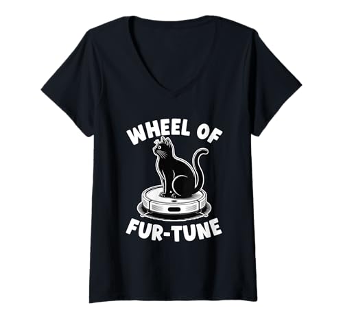 Damen Wheel of Fur-Tune Cat Joke Roboter Staubsauger Katze T-Shirt mit V-Ausschnitt von Funny Cat Lover Designs