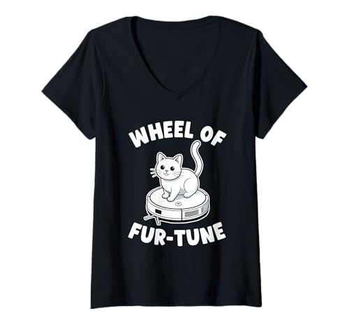 Damen Wheel of Fur-Tune Cat Joke Roboter Staubsauger Katze T-Shirt mit V-Ausschnitt von Funny Cat Lover Designs