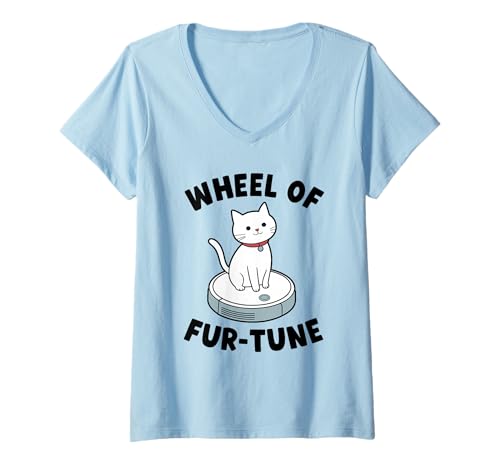 Damen Wheel of Fur-Tune Cat Joke Roboter Staubsauger Katze T-Shirt mit V-Ausschnitt von Funny Cat Lover Designs