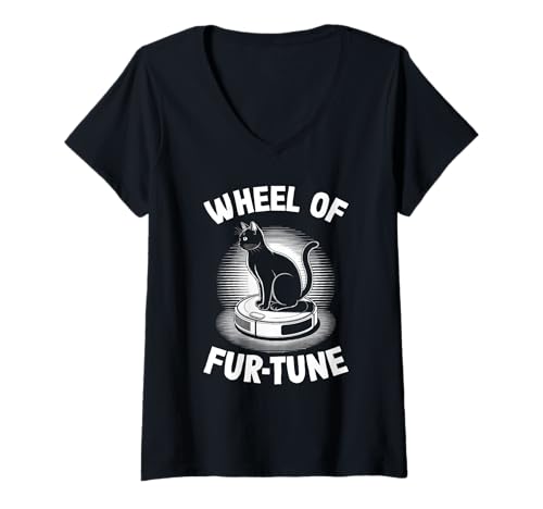 Damen Wheel of Fur-Tune Cat Joke Roboter Staubsauger Katze T-Shirt mit V-Ausschnitt von Funny Cat Lover Designs